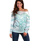 Australian Indigenous Aboriginal Art Off Shoulder Sweater Vivid Pastel Teal Green