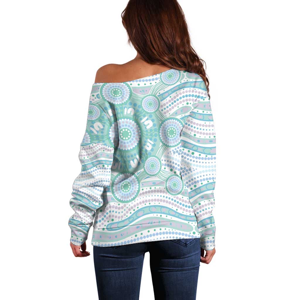 Australian Indigenous Aboriginal Art Off Shoulder Sweater Vivid Pastel Teal Green