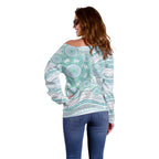 Australian Indigenous Aboriginal Art Off Shoulder Sweater Vivid Pastel Teal Green
