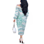 Australian Indigenous Aboriginal Art Off The Shoulder Long Sleeve Dress Vivid Pastel Teal Green