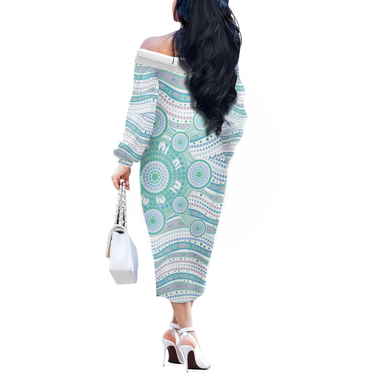 Australian Indigenous Aboriginal Art Off The Shoulder Long Sleeve Dress Vivid Pastel Teal Green