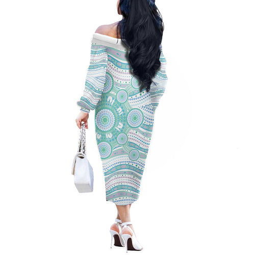 Australian Indigenous Aboriginal Art Off The Shoulder Long Sleeve Dress Vivid Pastel Teal Green