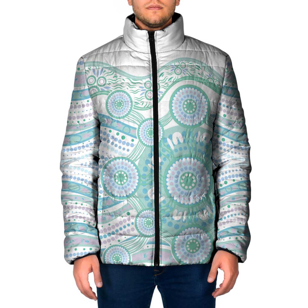 Australian Indigenous Aboriginal Art Padded Jacket Vivid Pastel Teal Green