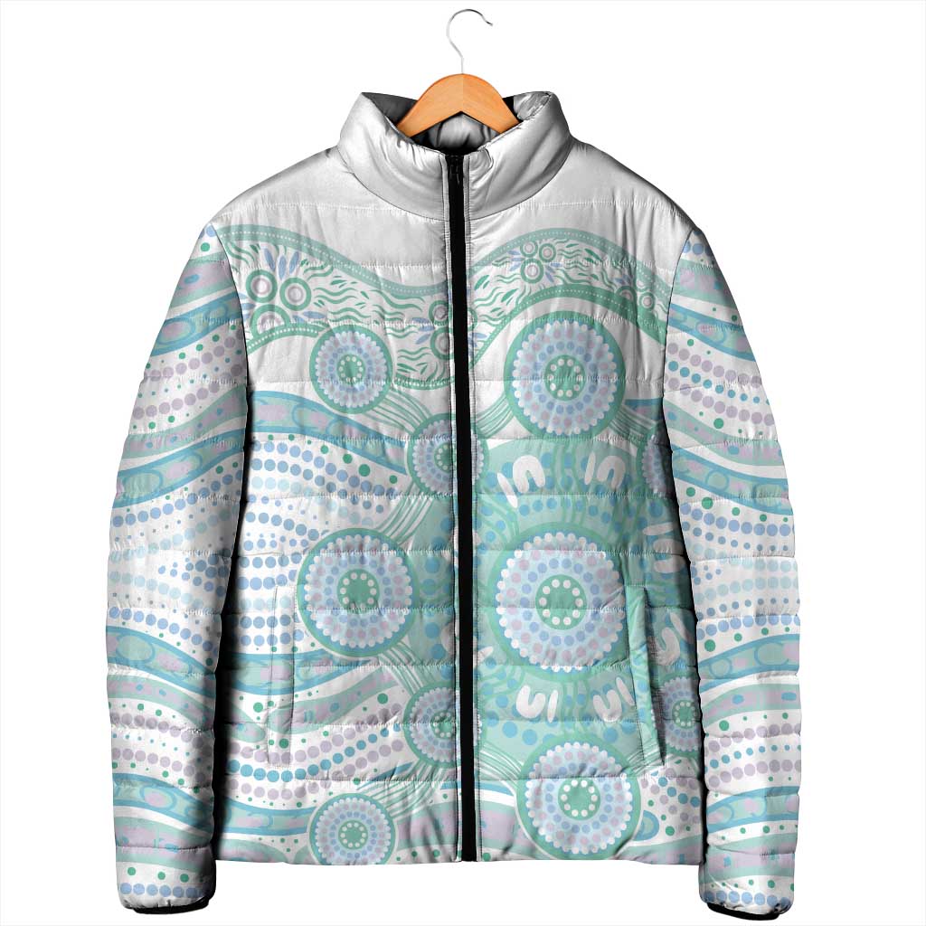 Australian Indigenous Aboriginal Art Padded Jacket Vivid Pastel Teal Green