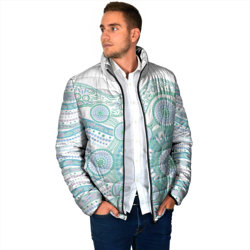 Australian Indigenous Aboriginal Art Padded Jacket Vivid Pastel Teal Green