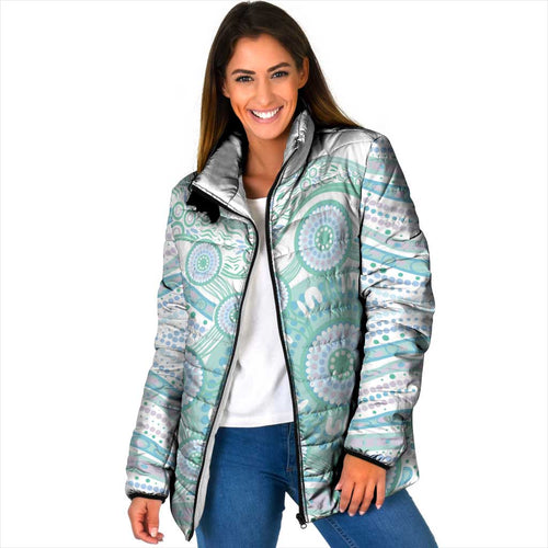 Australian Indigenous Aboriginal Art Padded Jacket Vivid Pastel Teal Green