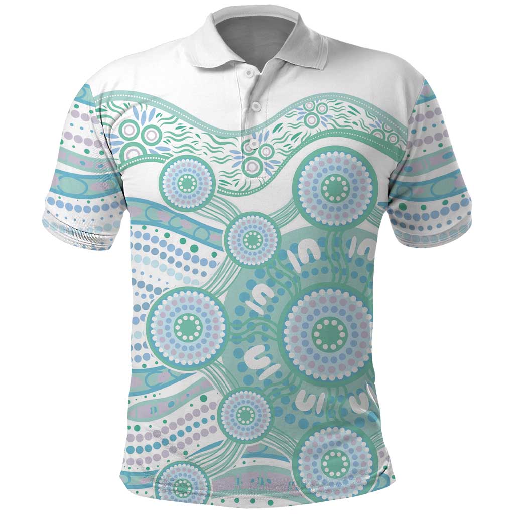 Australian Indigenous Aboriginal Art Polo Shirt Vivid Pastel Teal Green