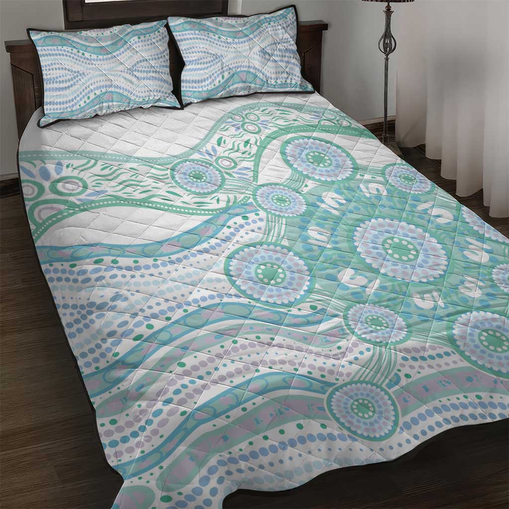 Australian Indigenous Aboriginal Art Quilt Bed Set Vivid Pastel Teal Green