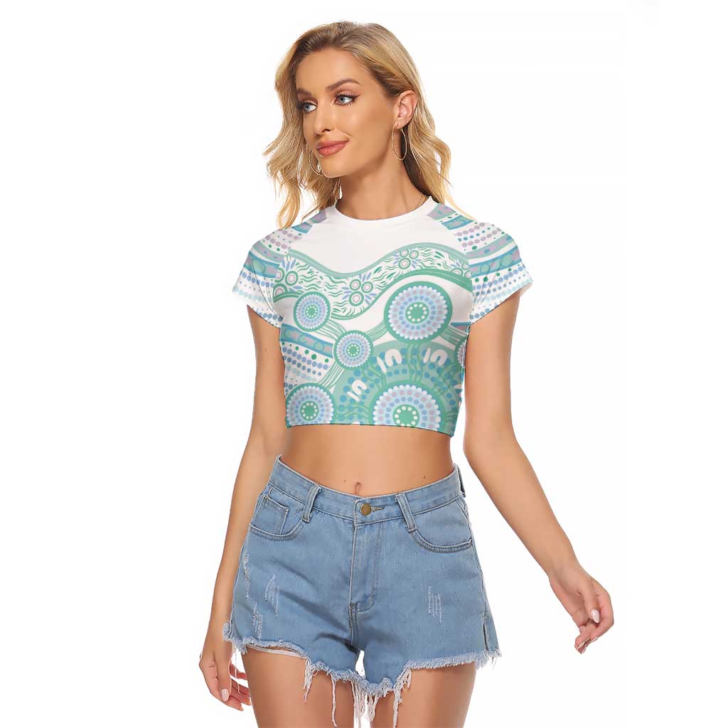 Australian Indigenous Aboriginal Art Raglan Cropped T Shirt Vivid Pastel Teal Green