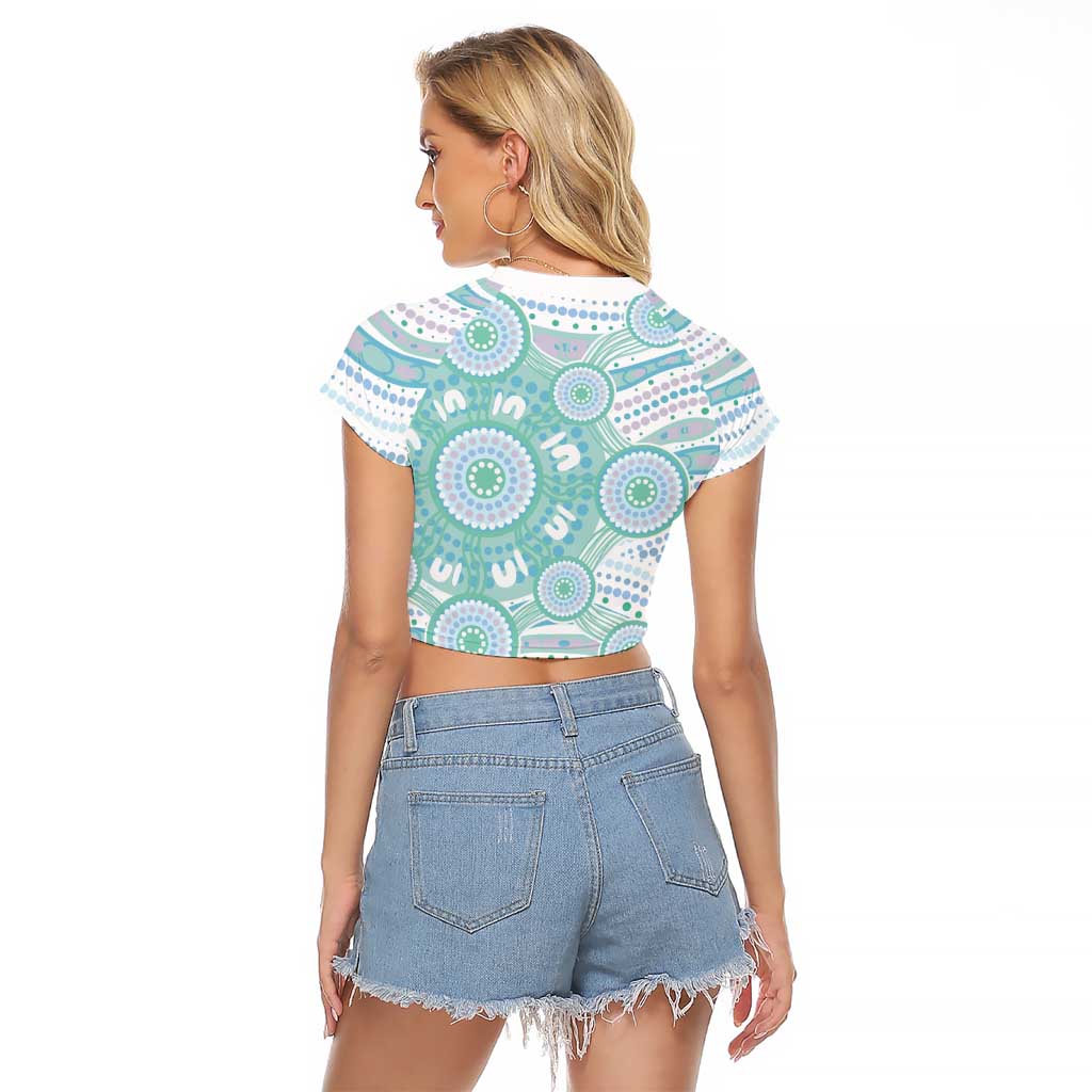 Australian Indigenous Aboriginal Art Raglan Cropped T Shirt Vivid Pastel Teal Green