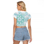 Australian Indigenous Aboriginal Art Raglan Cropped T Shirt Vivid Pastel Teal Green