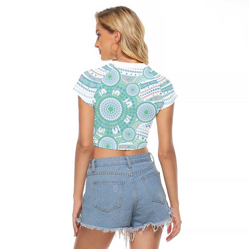 Australian Indigenous Aboriginal Art Raglan Cropped T Shirt Vivid Pastel Teal Green