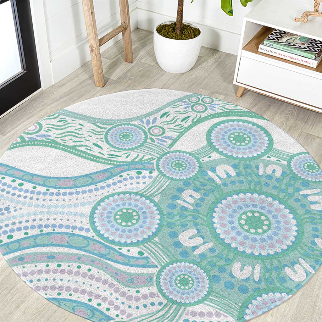 Australian Indigenous Aboriginal Art Round Carpet Vivid Pastel Teal Green