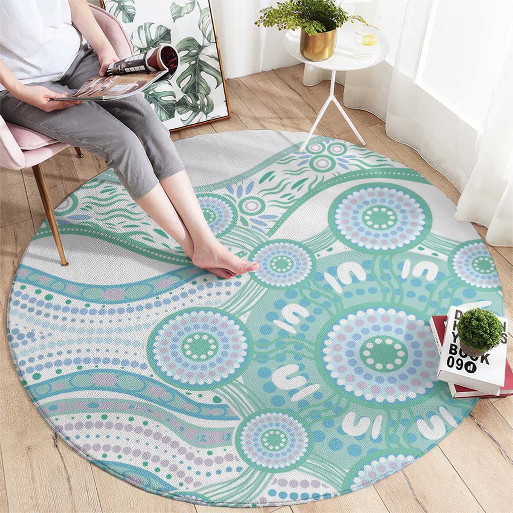 Australian Indigenous Aboriginal Art Round Carpet Vivid Pastel Teal Green