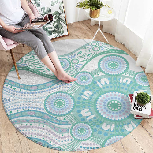 Australian Indigenous Aboriginal Art Round Carpet Vivid Pastel Teal Green