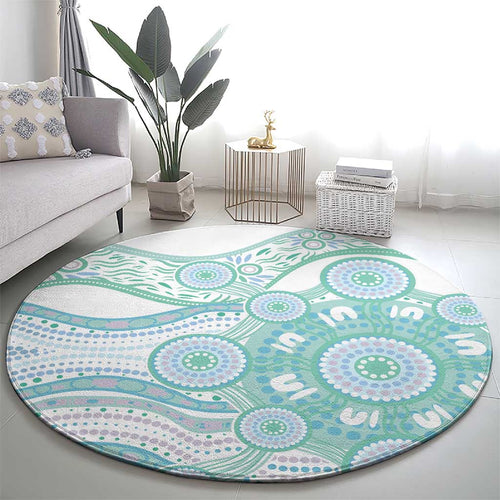Australian Indigenous Aboriginal Art Round Carpet Vivid Pastel Teal Green