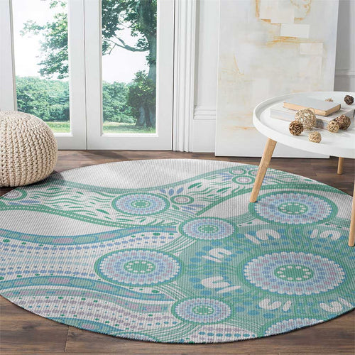 Australian Indigenous Aboriginal Art Round Carpet Vivid Pastel Teal Green