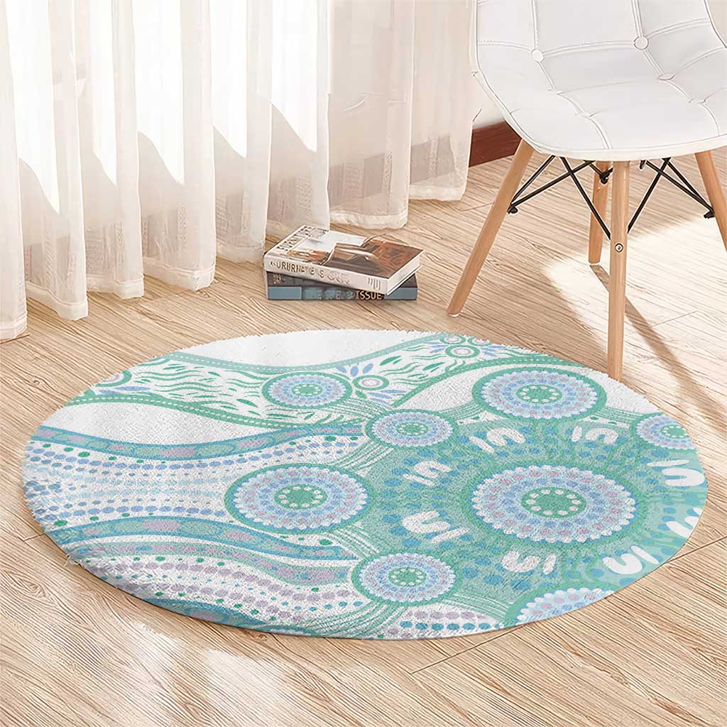Australian Indigenous Aboriginal Art Round Carpet Vivid Pastel Teal Green