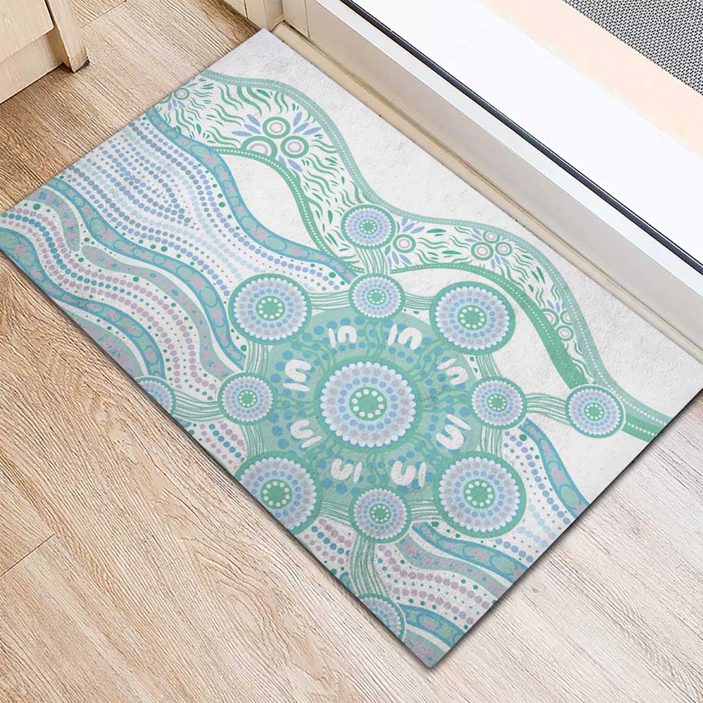 Australian Indigenous Aboriginal Art Rubber Doormat Vivid Pastel Teal Green