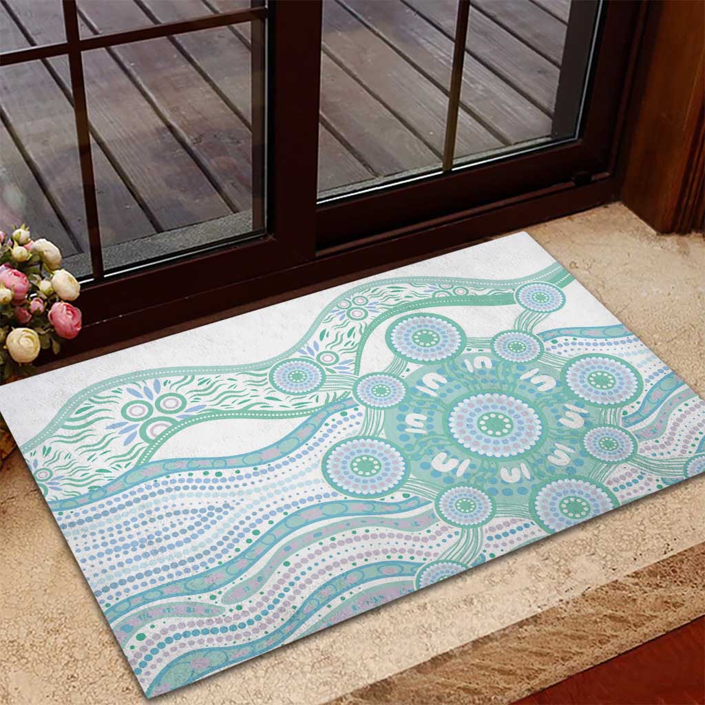 Australian Indigenous Aboriginal Art Rubber Doormat Vivid Pastel Teal Green