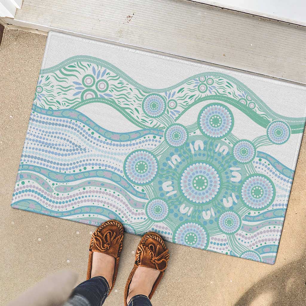 Australian Indigenous Aboriginal Art Rubber Doormat Vivid Pastel Teal Green