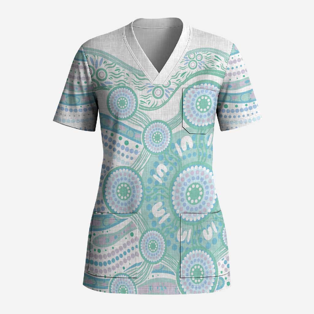 Australian Indigenous Aboriginal Art Scrub Top Vivid Pastel Teal Green