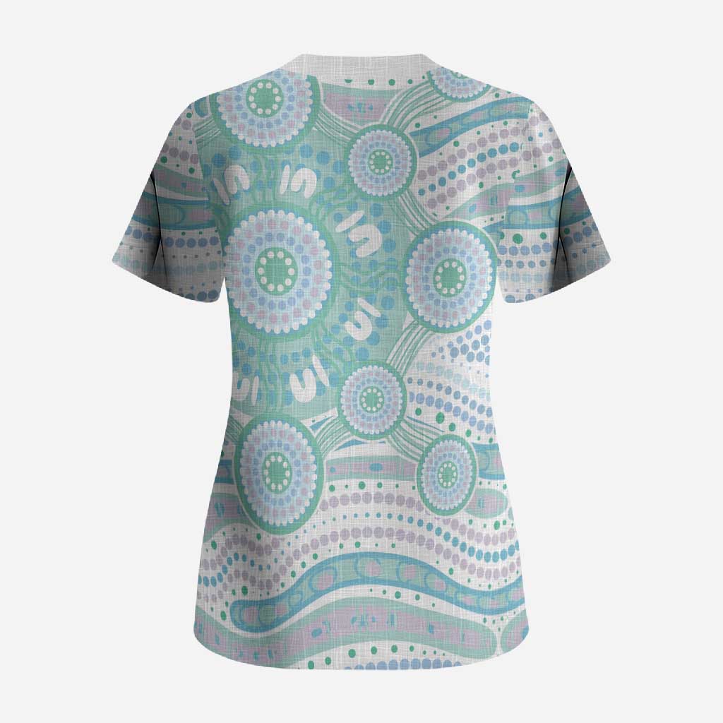 Australian Indigenous Aboriginal Art Scrub Top Vivid Pastel Teal Green