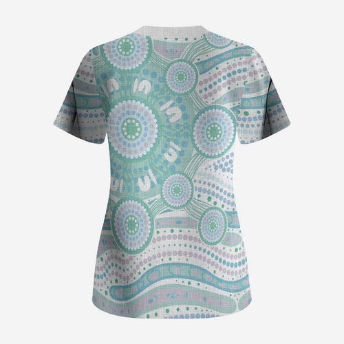 Australian Indigenous Aboriginal Art Scrub Top Vivid Pastel Teal Green