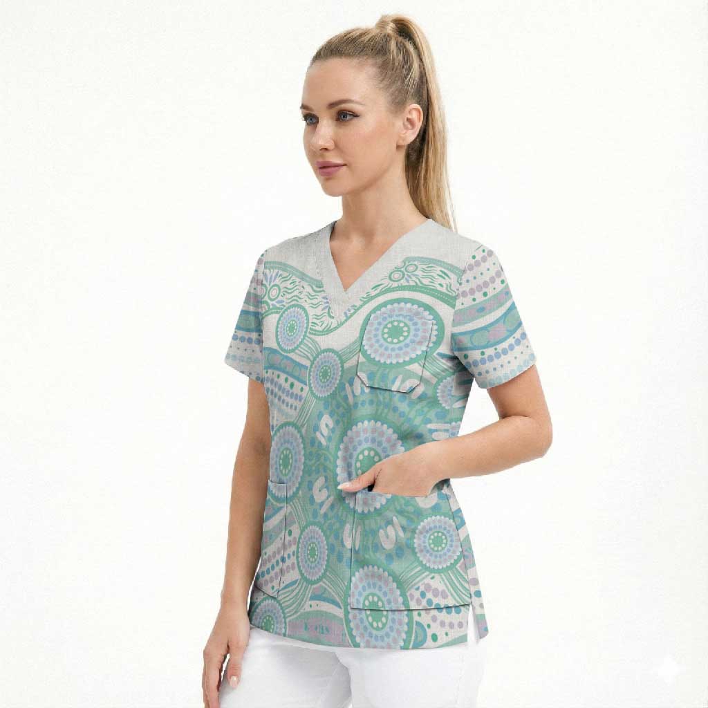 Australian Indigenous Aboriginal Art Scrub Top Vivid Pastel Teal Green
