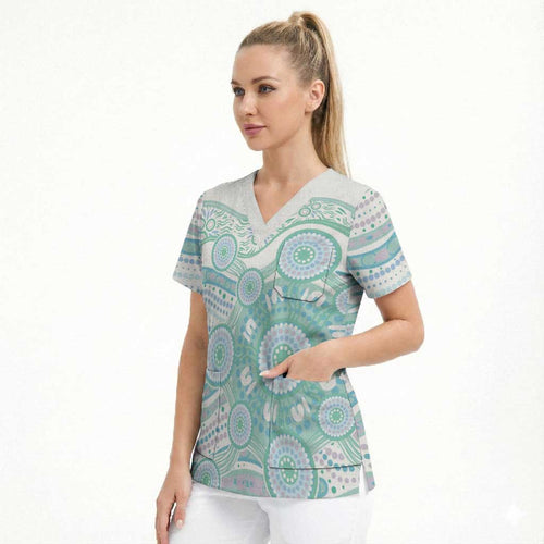Australian Indigenous Aboriginal Art Scrub Top Vivid Pastel Teal Green