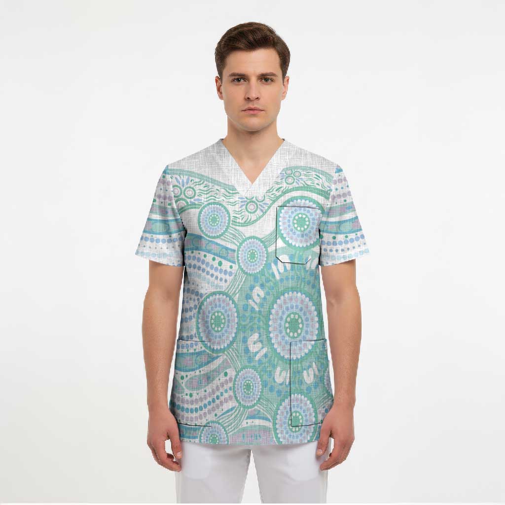 Australian Indigenous Aboriginal Art Scrub Top Vivid Pastel Teal Green