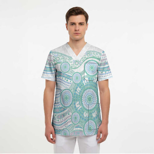 Australian Indigenous Aboriginal Art Scrub Top Vivid Pastel Teal Green