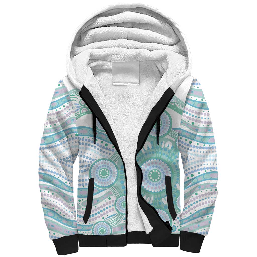 Australian Indigenous Aboriginal Art Sherpa Hoodie Vivid Pastel Teal Green