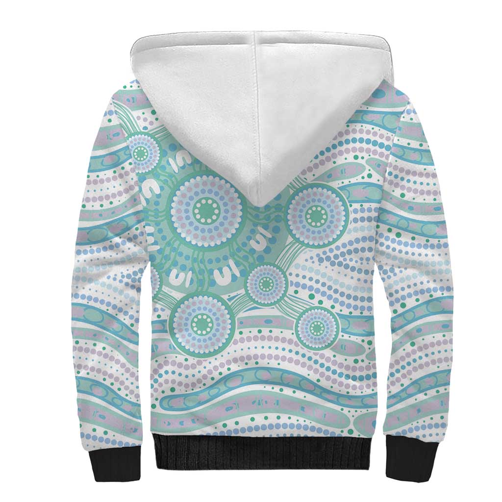 Australian Indigenous Aboriginal Art Sherpa Hoodie Vivid Pastel Teal Green