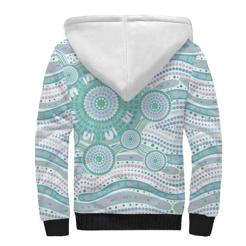 Australian Indigenous Aboriginal Art Sherpa Hoodie Vivid Pastel Teal Green