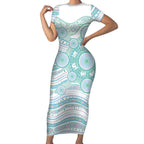 Australian Indigenous Aboriginal Art Short Sleeve Bodycon Dress Vivid Pastel Teal Green