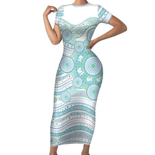 Australian Indigenous Aboriginal Art Short Sleeve Bodycon Dress Vivid Pastel Teal Green