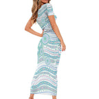 Australian Indigenous Aboriginal Art Short Sleeve Bodycon Dress Vivid Pastel Teal Green