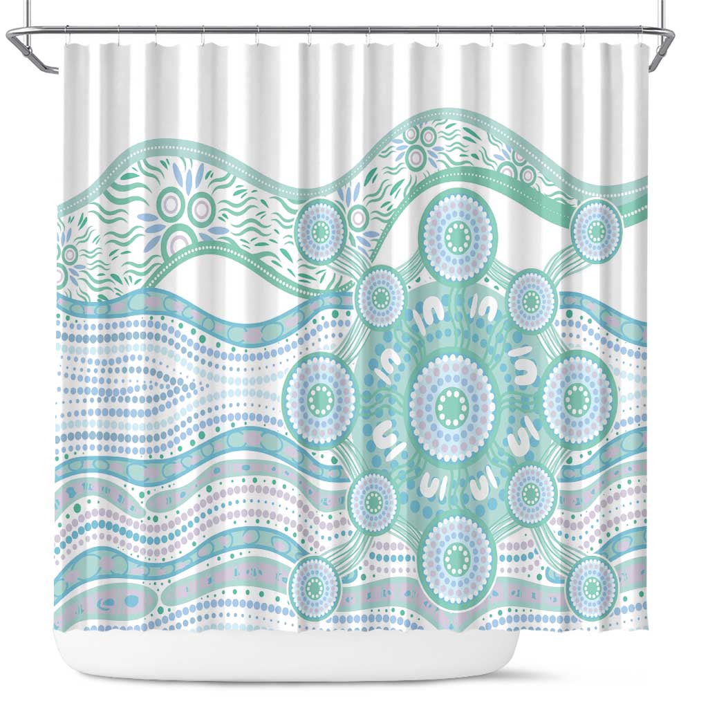 Australian Indigenous Aboriginal Art Shower Curtain Vivid Pastel Teal Green