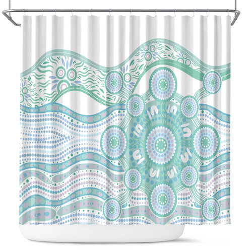 Australian Indigenous Aboriginal Art Shower Curtain Vivid Pastel Teal Green