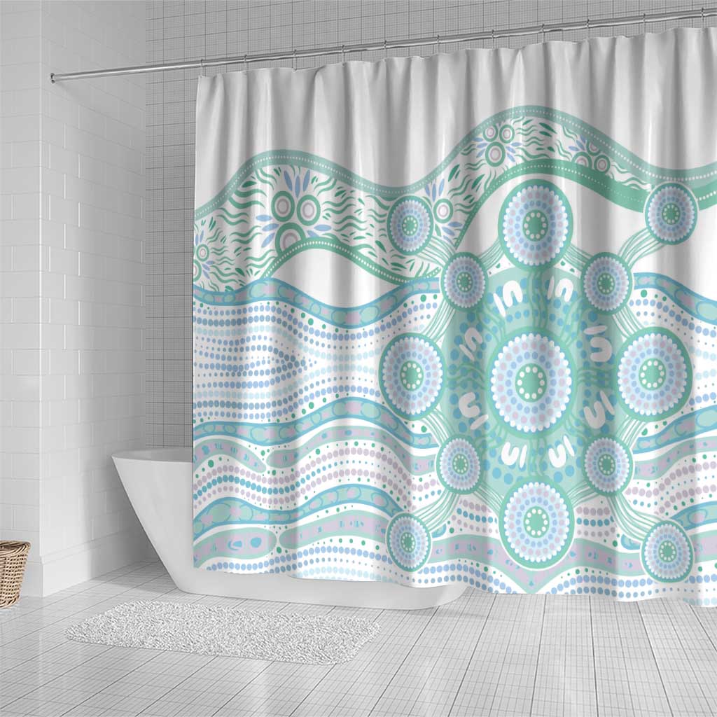 Australian Indigenous Aboriginal Art Shower Curtain Vivid Pastel Teal Green