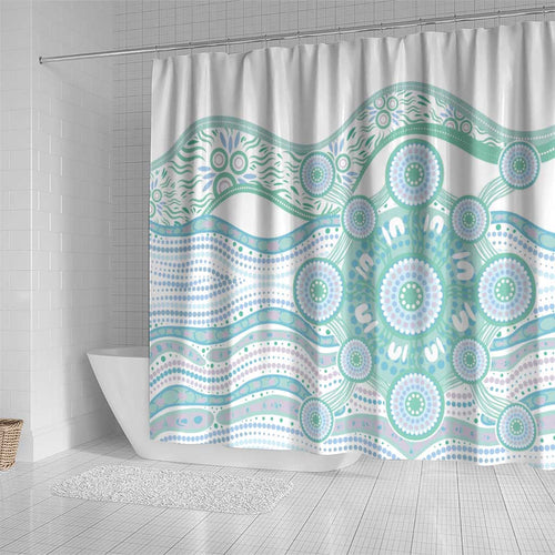 Australian Indigenous Aboriginal Art Shower Curtain Vivid Pastel Teal Green