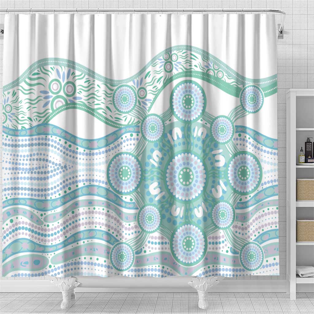 Australian Indigenous Aboriginal Art Shower Curtain Vivid Pastel Teal Green