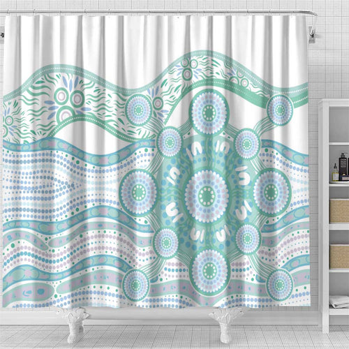 Australian Indigenous Aboriginal Art Shower Curtain Vivid Pastel Teal Green