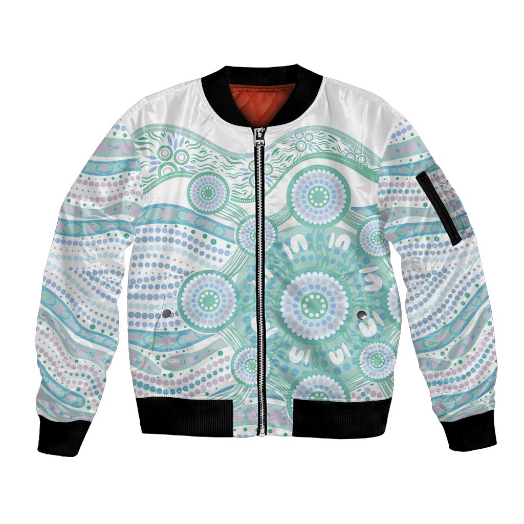 Australian Indigenous Aboriginal Art Sleeve Zip Bomber Jacket Vivid Pastel Teal Green