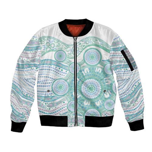 Australian Indigenous Aboriginal Art Sleeve Zip Bomber Jacket Vivid Pastel Teal Green