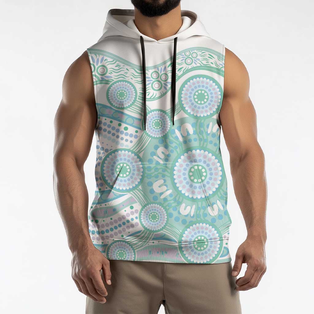 Australian Indigenous Aboriginal Art Sleeveless Hoodie Vivid Pastel Teal Green