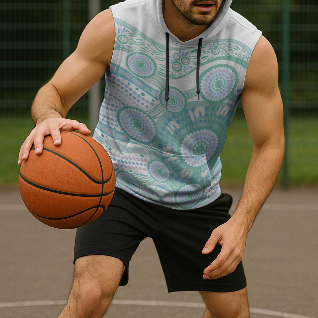 Australian Indigenous Aboriginal Art Sleeveless Hoodie Vivid Pastel Teal Green