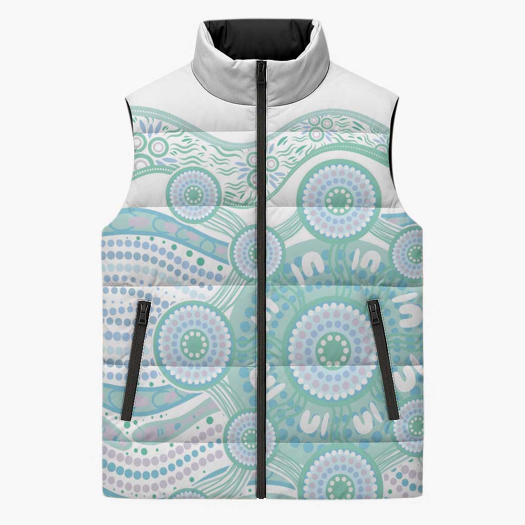 Australian Indigenous Aboriginal Art Sleeveless Puffer Jacket Vivid Pastel Teal Green