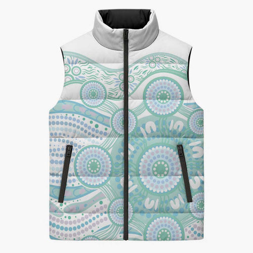Australian Indigenous Aboriginal Art Sleeveless Puffer Jacket Vivid Pastel Teal Green